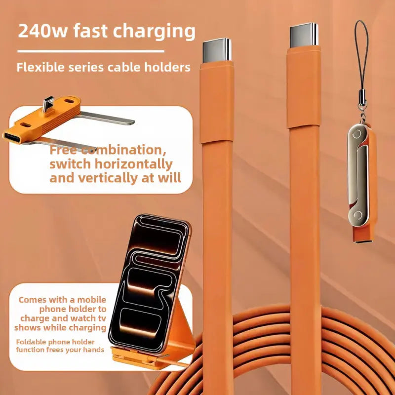 240W Supercharge 2-in-1 Detachable Type-C Charging Cable with Rotating Stand, Zinc Alloy and Silicone Construction, Ideal for Apple Smartphones and Gaming in Vehicles