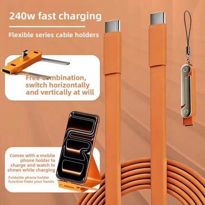 240W Supercharge 2-in-1 Detachable Type-C Charging Cable with Rotating Stand, Zinc Alloy and Silicone Construction, Ideal for Apple Smartphones and Gaming in Vehicles