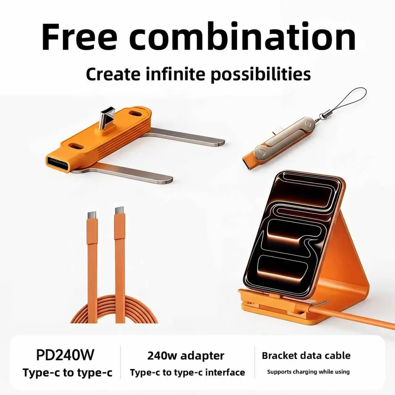 240W Supercharge 2-in-1 Detachable Type-C Charging Cable with Rotating Stand, Zinc Alloy and Silicone Construction, Ideal for Apple Smartphones and Gaming in Vehicles