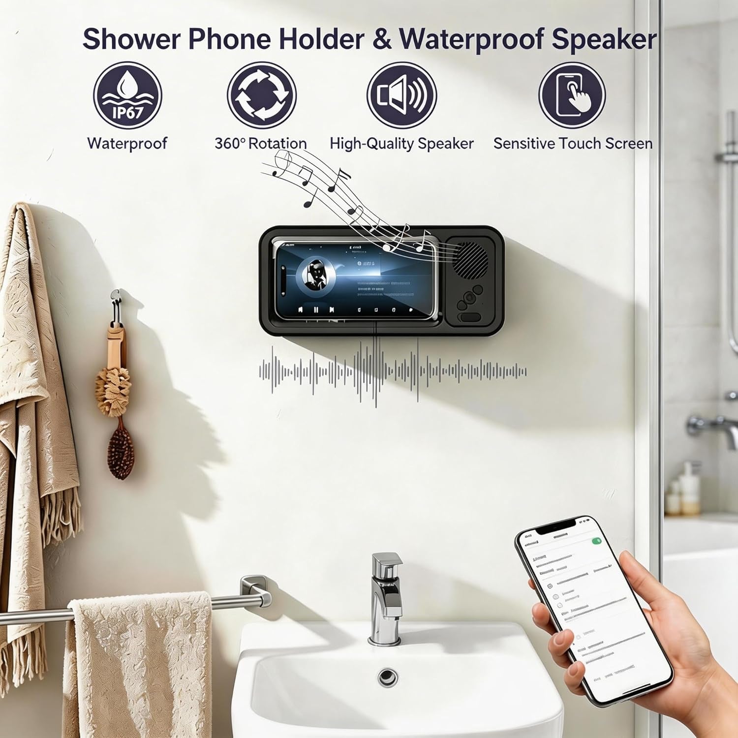 Waterproof Phone Holder with Speaker, Shower Phone Holder Waterproof, Shower Phones Holder with Wireless Bluetooth Speaker with 360° Rotation Ipx4 Aqua with Shower Play(White)