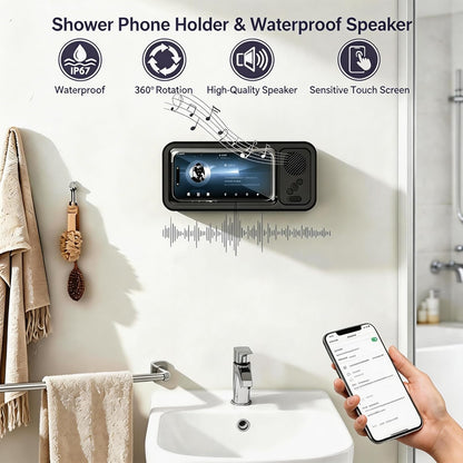 Waterproof Phone Holder with Speaker, Shower Phone Holder Waterproof, Shower Phones Holder with Wireless Bluetooth Speaker with 360° Rotation Ipx4 Aqua with Shower Play(White)