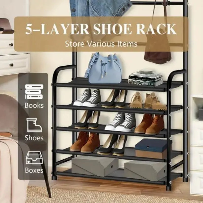 Heavy-Duty Portable Metal Garment Rack with Hooks - Collapsible Coat Stand for Home and Bedroom Organization