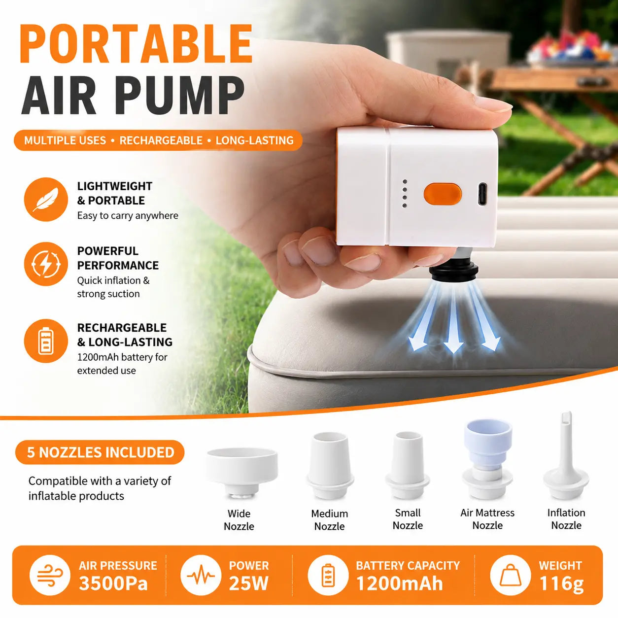 Snofrid Portable Mini Air Pump for Air Mattresses and Pool Floats - Rapid Inflation and Deflation for Camping