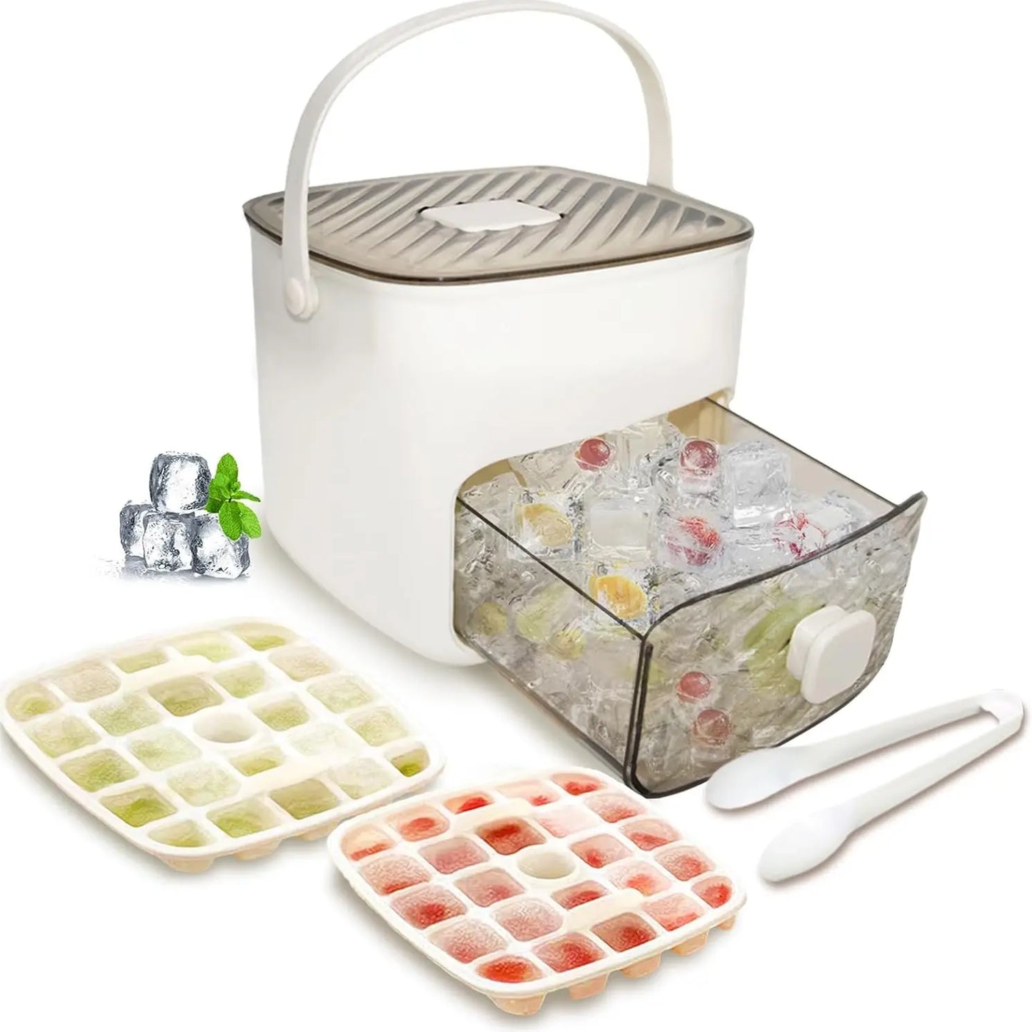 Professional Ice Cube Tray with Lid and Bin - Versatile Ice Maker for Freezer, Ideal for Whiskey, Cocktails, Coffee, and Beer, Complete with Ice Tongs and Kitchen Tools