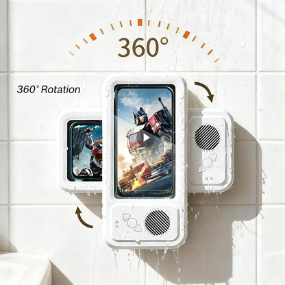 Waterproof Phone Holder with Speaker, Shower Phone Holder Waterproof, Shower Phones Holder with Wireless Bluetooth Speaker with 360° Rotation Ipx4 Aqua with Shower Play(White)