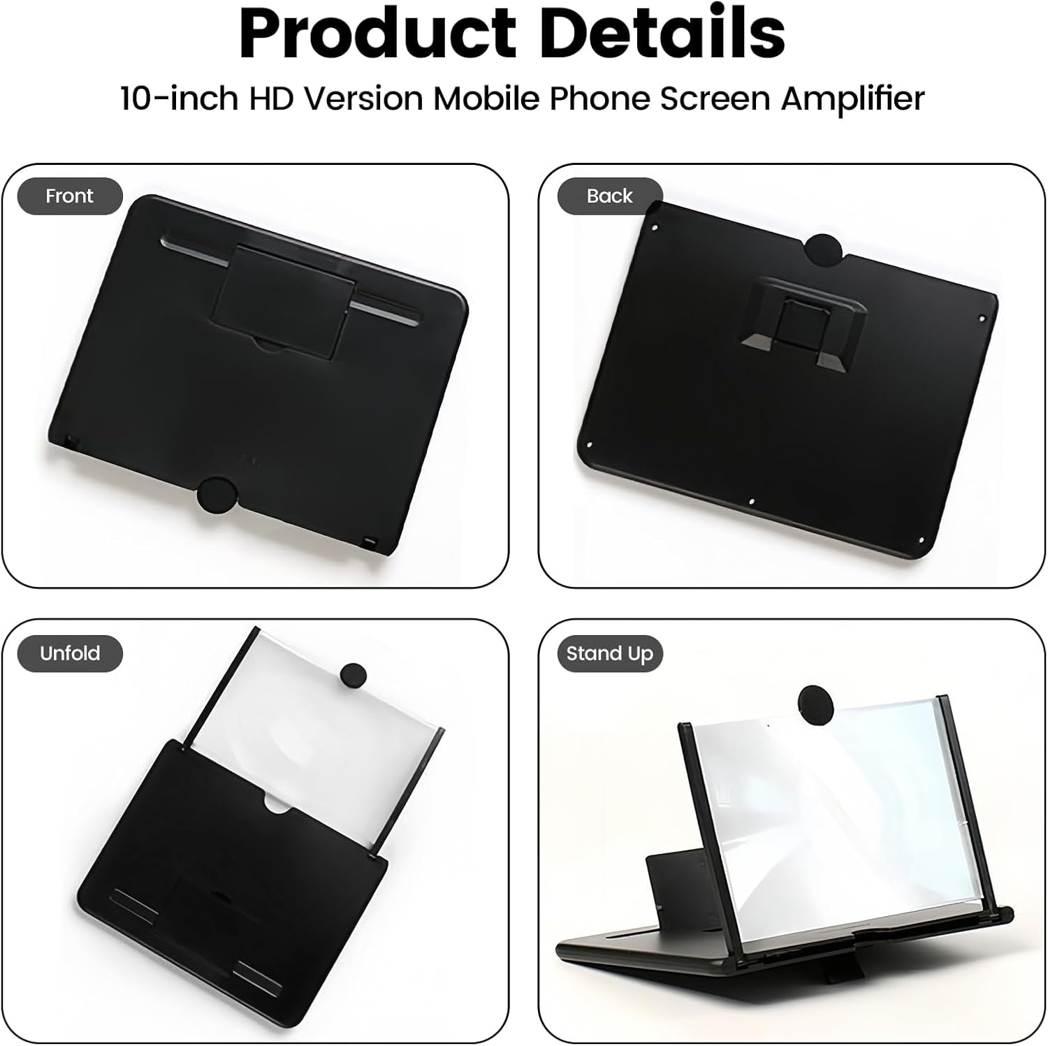 Screen Magnifier for Cell Phone, 3D HD Screen Amplifier with Foldable Holder Phone Stand, Portable Screen Enlarger Compatible with Movies & Games, Universal for All Smartphones(Black 10 Inch)